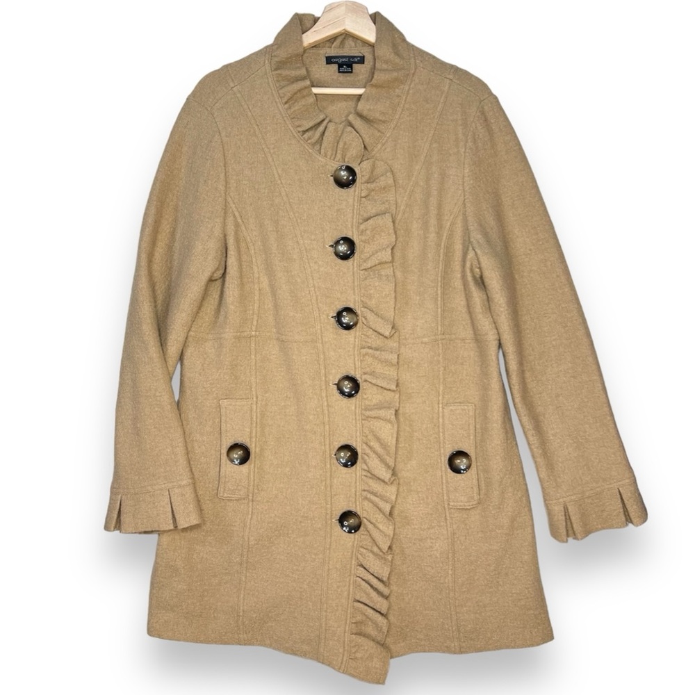August Silk Wool Coat Women’s XL Ruffle Tan Long Duster Trench Unlined Pockets